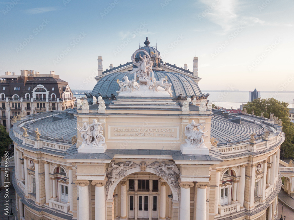 Aerial view of the Odesa National Academic Theater of Opera and Ballet in Ukraine on a summer morning. Flying over Theater of Opera. Top view. Space for text.
