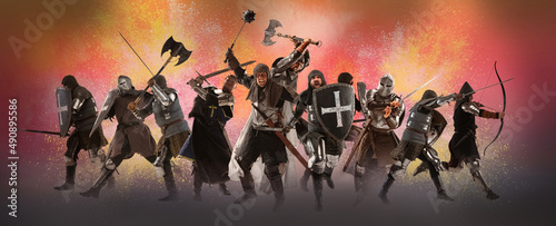 Photocollage with angry serious medieval warriors or knights war clothes with swords in motion  action isolated over vintage background.