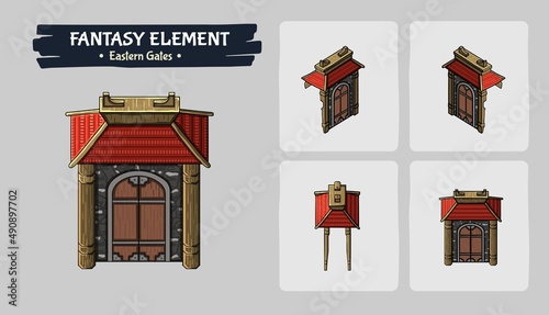 Red and Golden Fantasy Eastern Gate game assets - Isometric Vector Illustration