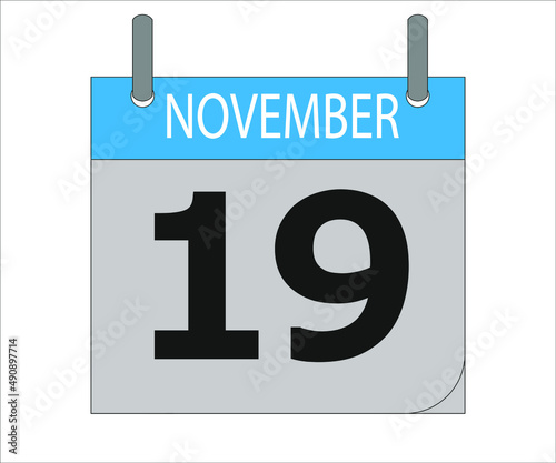 November 19th. Calendar icon. Date day of the month Sunday, Monday, Tuesday, Wednesday, Thursday, Friday, Saturday and Holidays