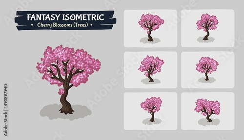 Cherry Blossoms (Pink) Trees Fantasy game assets - Isometric Vector Illustration