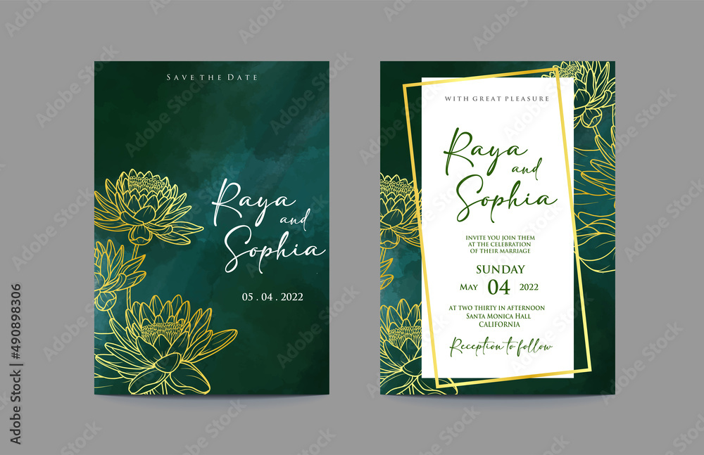 Emerald green wedding invitation watercolor and gold outline lotus flower