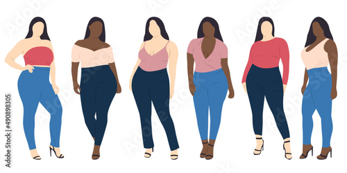 Curvy woman in jeans and blouse vector illustration. Plus size women clothing.