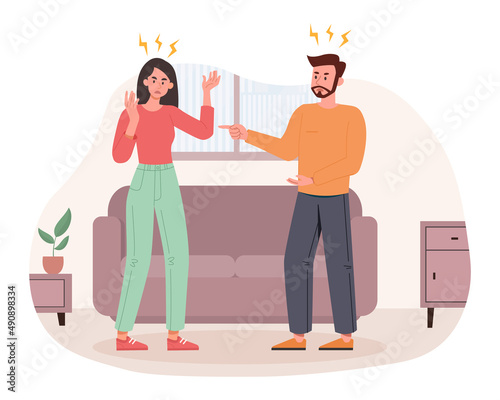Concept of couple conflict. Man and woman screaming at each other, family quarrel and negative emotions. Disgruntled people, stress and anger. Problem in relationship. Cartoon flat vector illustration
