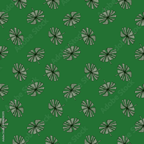 Fan palm leaves seamless pattern on. Vintage foliage of palmetto in engraving style.