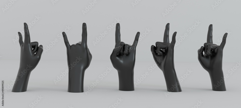 © local_doctor - 3D illustration of a row of hand models showing horn sign gesture associated with heavy metal and rock music culture.