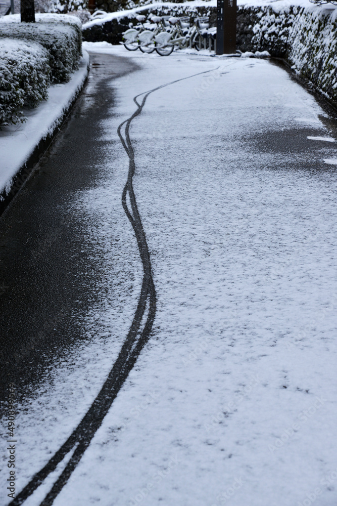 雪の積もった道に自転車の轍が残っている