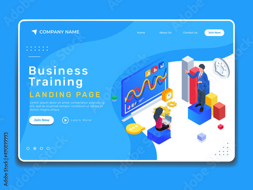 Isometric business training landing page concept. Business people with 3d chart and infographic.