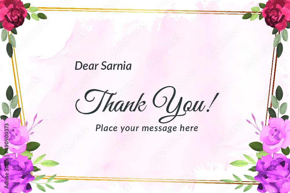 Thank you card with red and purple roses with watercolor floral frame ...