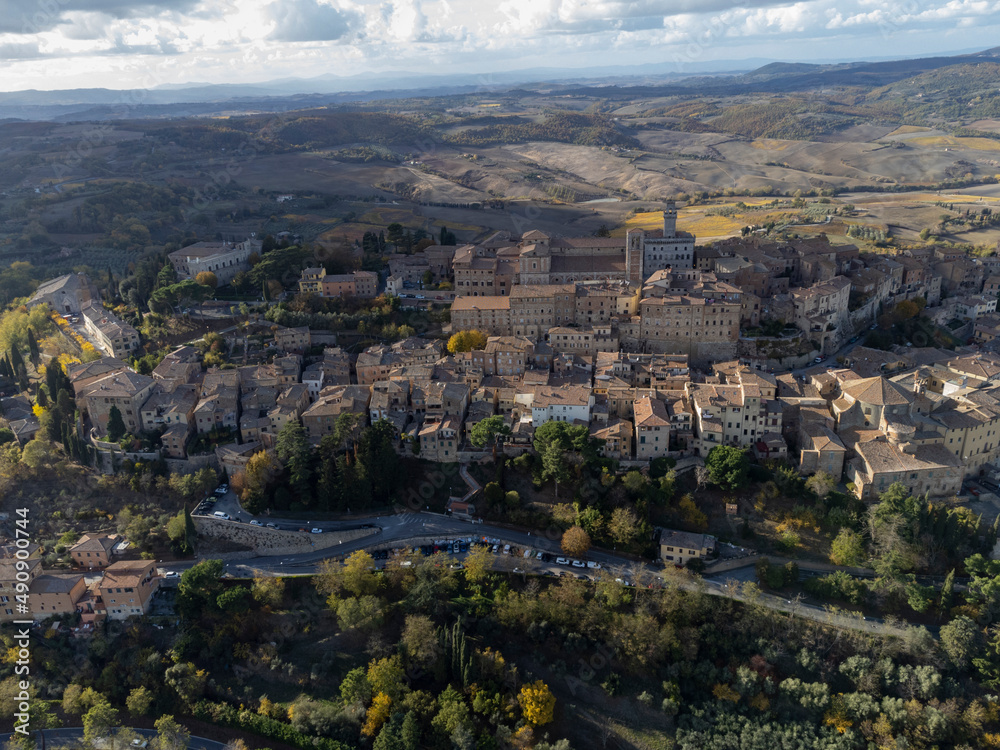 Aerial view on old town Montepulciano, Tuscany, Italy