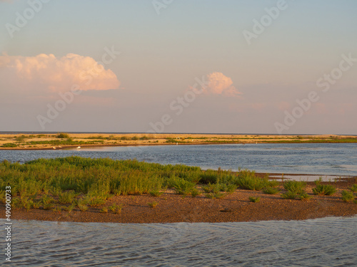 Beautiful lagoon landscape at sunset. A small island covered with greenery in the estuary near the sandy beach of the sea bay. Wildlife is a great place to relax and enjoy solitude