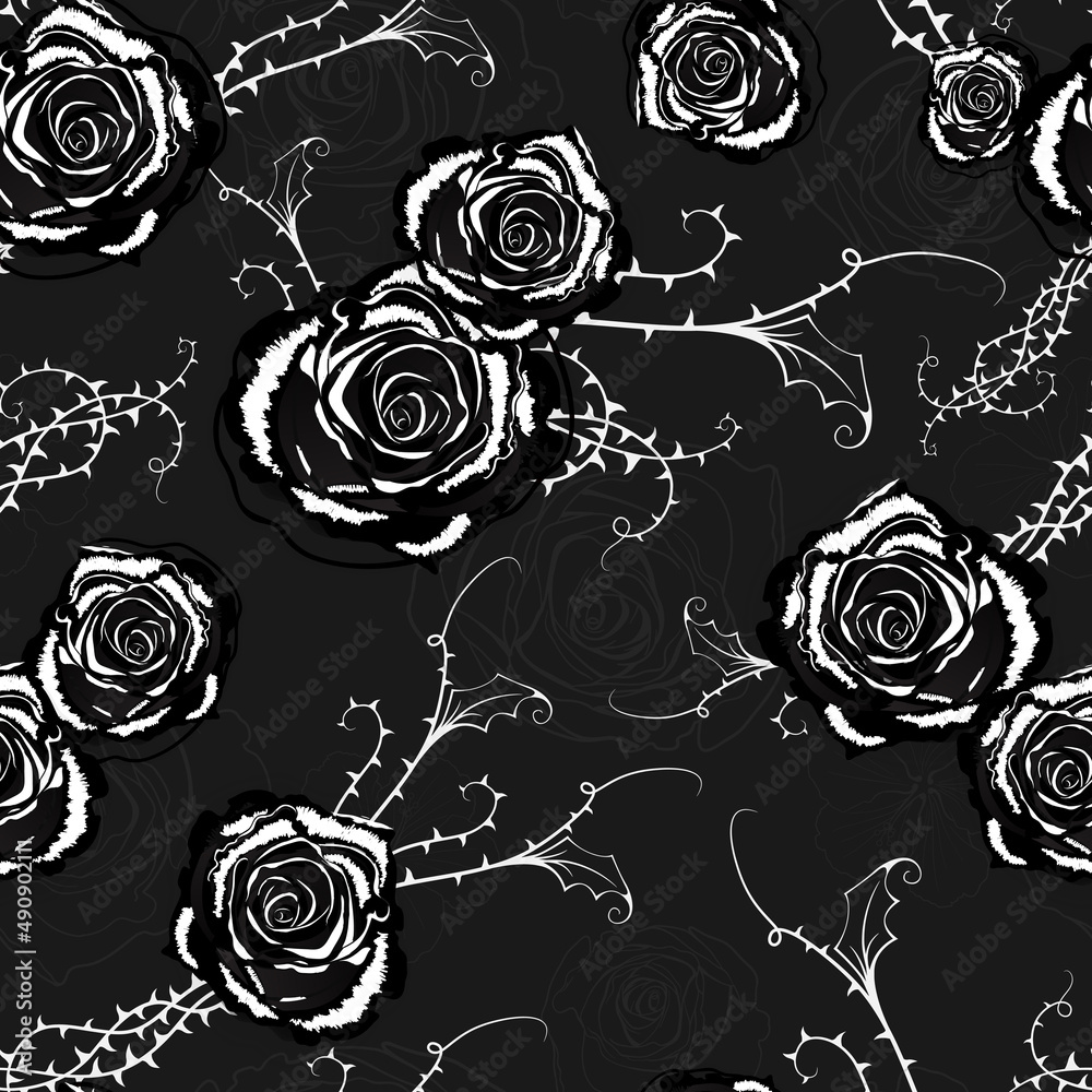 Vector gothic seamless pattern with black roses and thorns.
