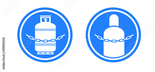 Blue warning sign. Chained cylinders symbol. Propane gas cylinder and chain icon or logo. Cartoon vector gas cannister. LPG tank or container for propane bottles must be secured