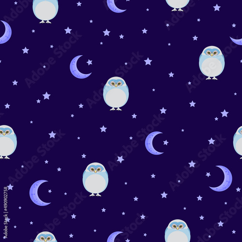blue night owl seamless pattern. crescent night sky. magic owls, night stars. good for night wear, sleep wear, pajama, fabric, wallpaper, background, backdrop, fashion. © hartami
