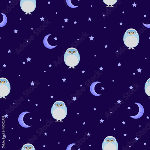 blue night owl seamless pattern. crescent night sky. magic owls  night stars. good for night wear  sleep wear  pajama  fabric  wallpaper  background  backdrop  fashion.