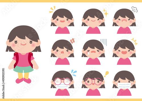 小学生女子表情アイコンセット_おかっぱ