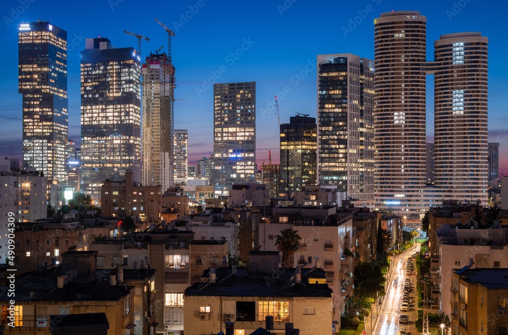 Fototapeta premium Tel Aviv and Ramat Gan night city view. Residential area and high-rise office buildings