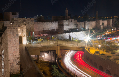 Night Jerusalem, Tower of David and Old City Wall, Jaffa gate photo