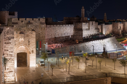 Night Jerusalem view, Jaffa gate, Tower of David and Old City Wall photo