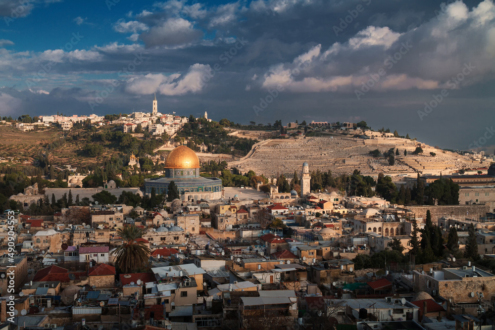Jerusalem top panorama above. Mosque Dome of the Rock, Temple mount, mount of Olives, ancient jewish cemetery