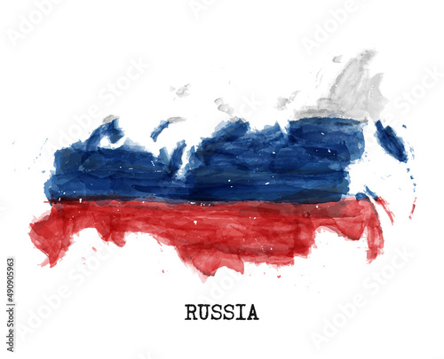 Russia map and flag watercolor painting design . Realistic drawing country shape . White isolated background . Vector .