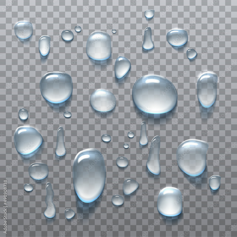 3d realistic vector icon set. Water drops. Rain drops in different sizes and shapes on transparent background.
