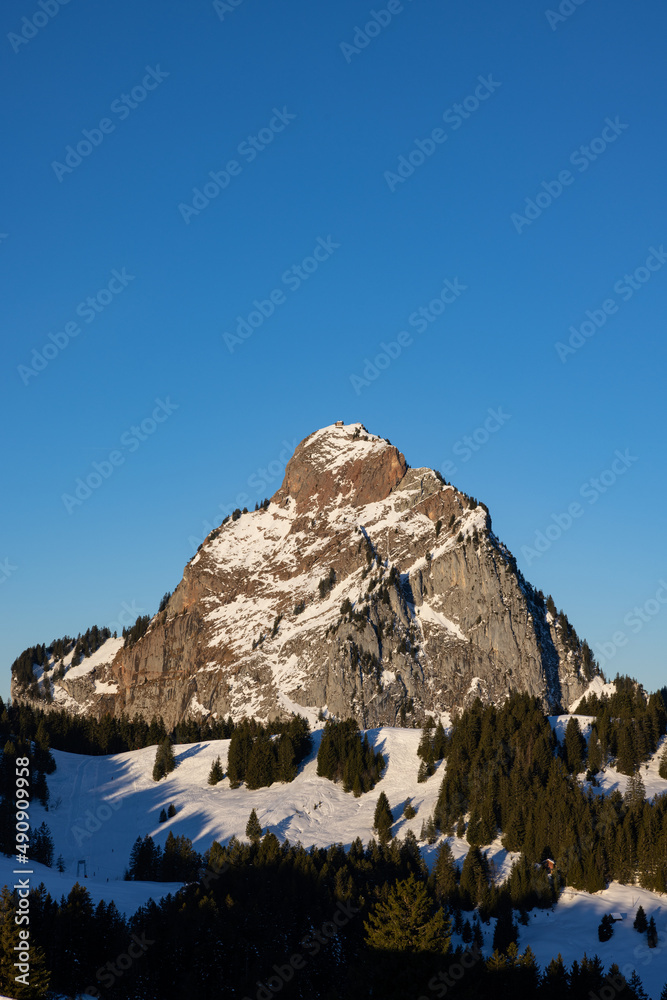 Wonderful mountain called Grosser Mythen in Switzerland who get illuminated by the sun. What an amazing morning hike in the Swiss alps.