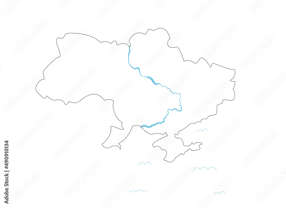 Line map of Ukraine with river Dnipro and Crimean peninsula