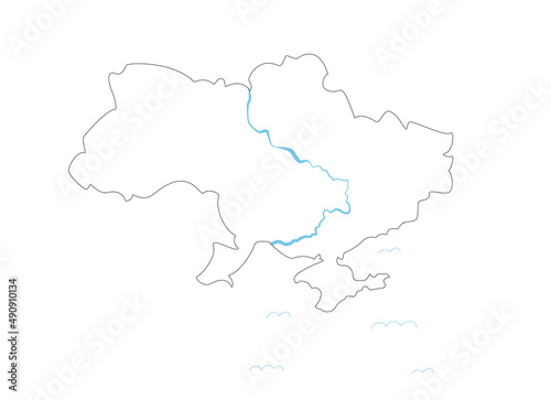 Line map of Ukraine with river Dnipro and Crimean peninsula