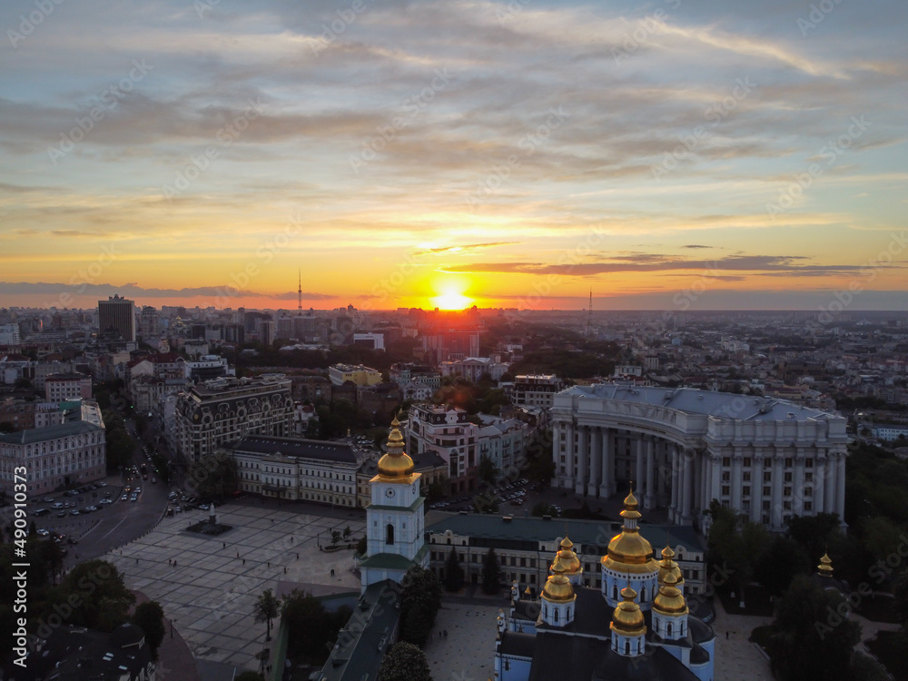Kyiv, Ukraine. Sunset over  St. Michael's Golden-Domed Monastery in Kiev. Aerial drone view.