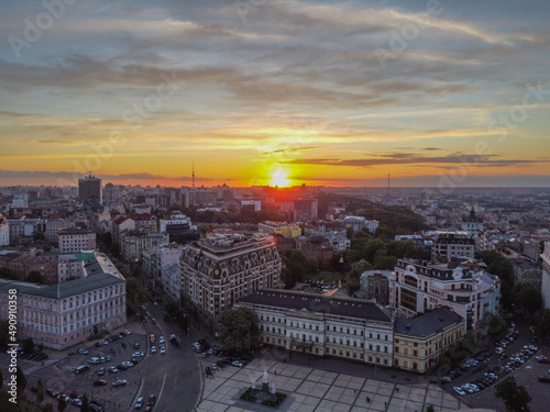 Kiev, Ukraine. Sunset over Kiev. Aerial drone view.