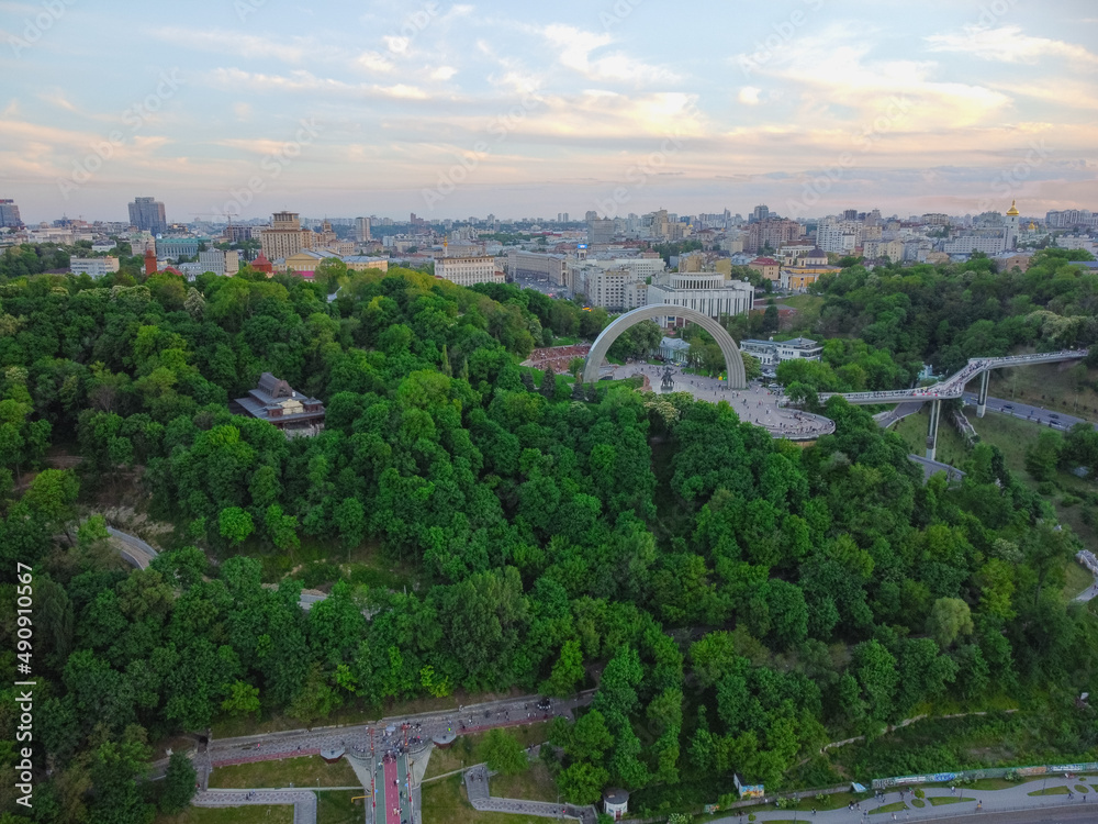 Kyiv, Ukraine. Panoramic view of Arch of Friendship of Peoples. Aerial drone view.