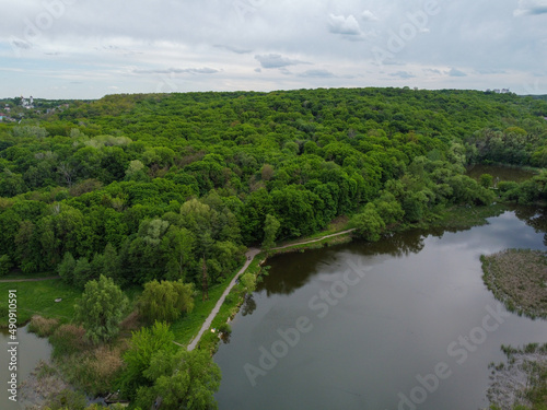 Kyiv, Ukraine.Goloseevsky lakes located on the territory of Goloseevsky park. Aerial drone view.
