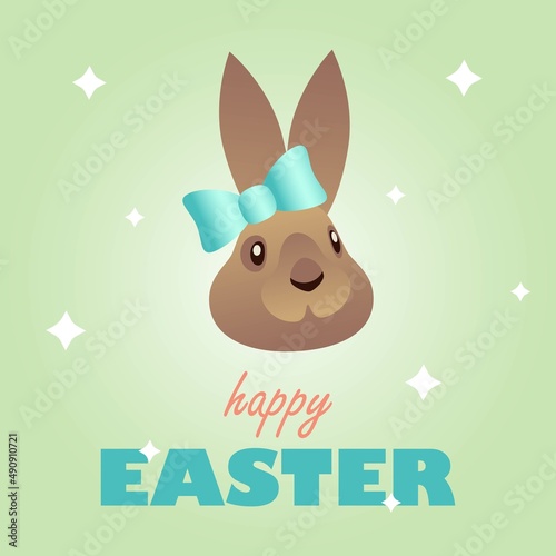 Lovely easter bunny with blue ribbon bow greeting card with cute font on green bright backround, cartoon vector illustration
