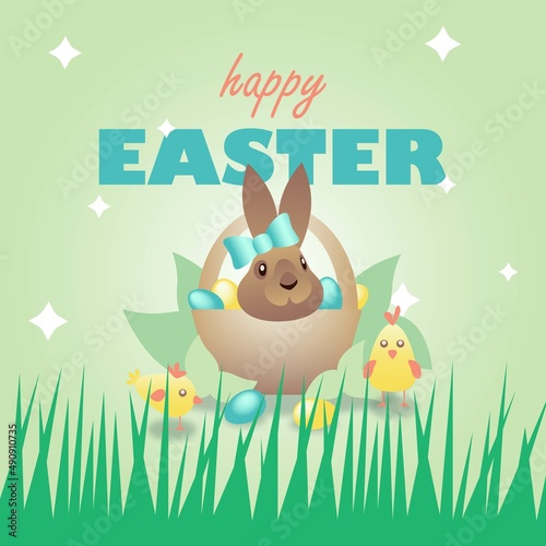 Easter greeting card illustration, bunny with blue ribbon bow in a busket with colorfull easter painted eggs and happy little birds on natural background with green leafs grass and stars, egg hunt