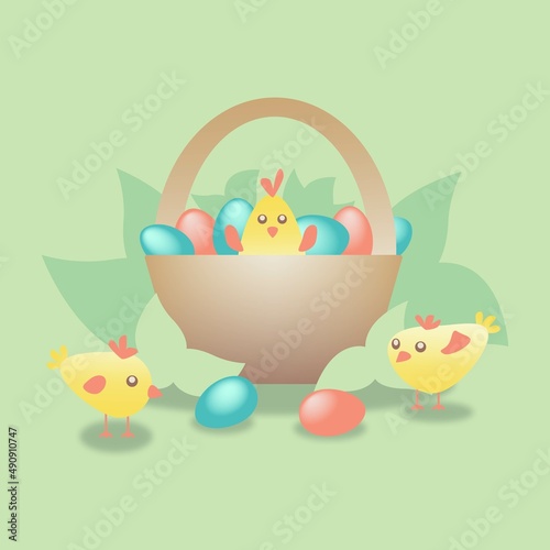 Happy easter yellow chicks, busket with colorfull blue and pink easter painted eggs on green ecological natural background with green leafs, pastel colours