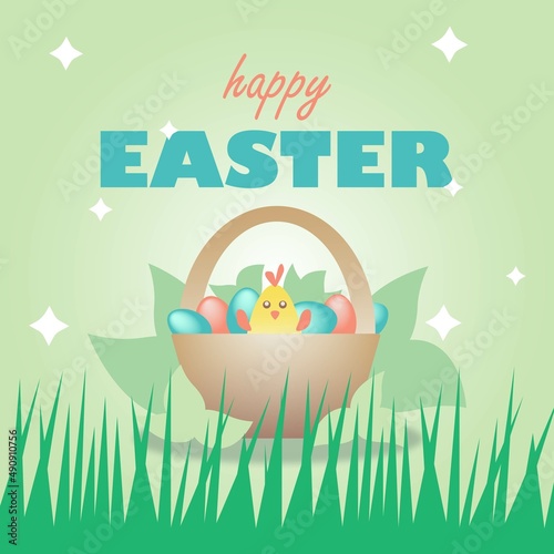 Happy easter yellow chick in a busket with colorfull blue and pink easter painted eggs on green natural background with green leafs, grass and stars,  greeting message, cute font