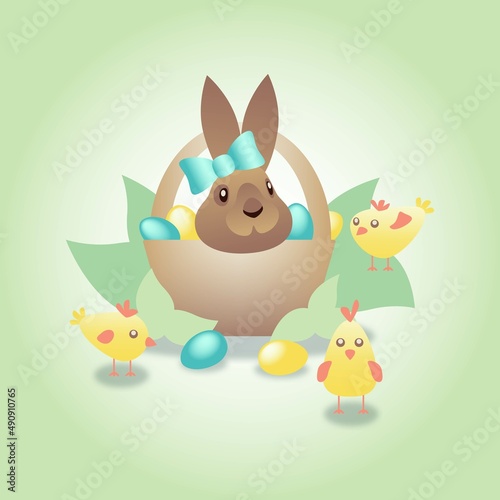 Easter bunny with ribbon bow in a busket with colorfull blue and yellow easter painted eggs and happy little chicks on natural background with green leafs