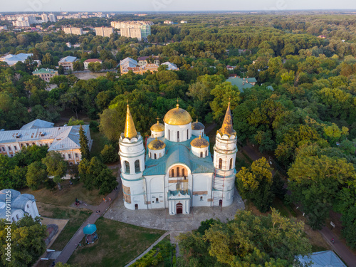 View to Savior Transfiguration Cathedral. Aerial drone view. Chernigov, Ukraine.