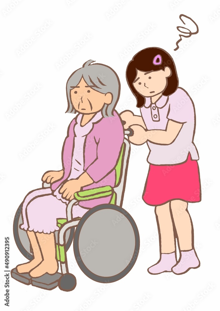 ヤングケアラー　重度認知症の祖母の車いすを押す小学生の女の子のイラスト