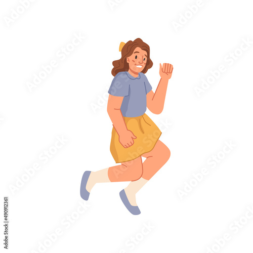 Happy kid with smiling facial expression, isolated child in good mood leaping high. Vector emotional playful female personage. Schoolgirl or preteen having fun, carefree child flat cartoon character