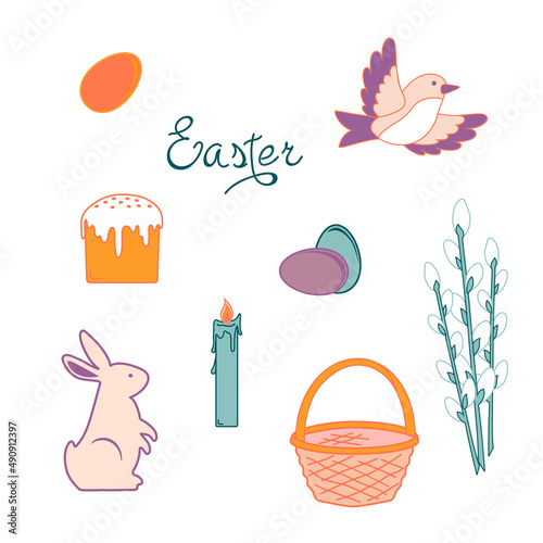 Easter vector composition with the image of eggs, birds, baskets, hare Easter cake and willow
