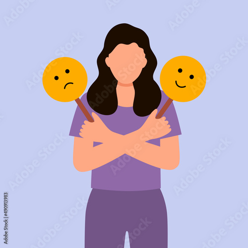 Woman with bipolar disorder symptom in flat design. Bipolar patient with mood swings sometimes in a good mood sometimes sad. photo