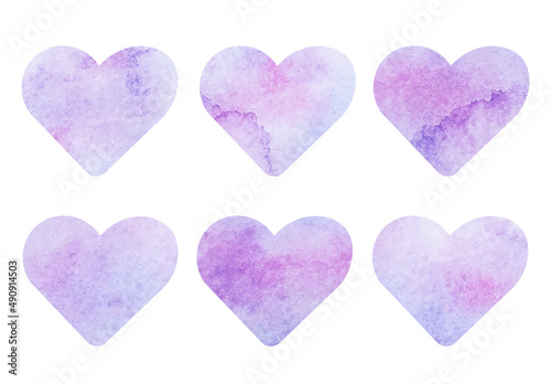 a set of vector pastel purple watercolor hearts. An item for Valentine's Day, can be used for invitations and postcards. A separate element on a white background