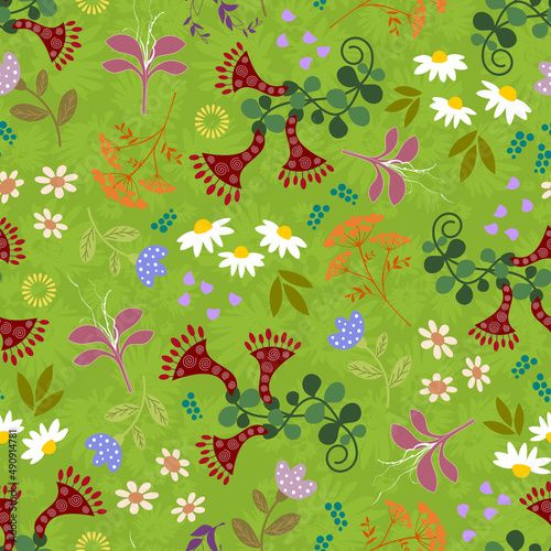 Seamless pattern with different flowers and leaves on a green isolated background. Floral background with abstract fantasy flowers.