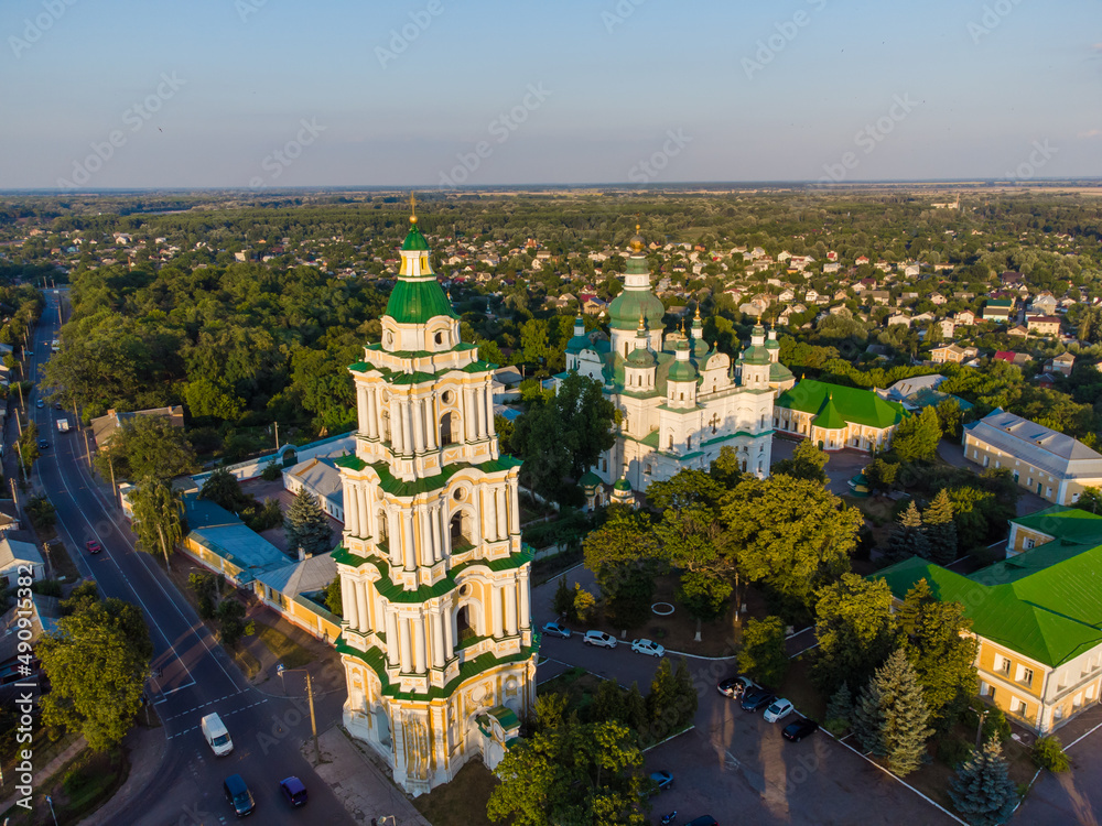 Naklejka premium The bell tower of the Trinity Monastery. Aerial drone view. Chernigov, Ukraine.