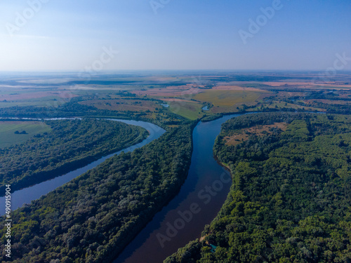 View of the Desna river and Chernigov city. Aerial drone view. Ukraine. 