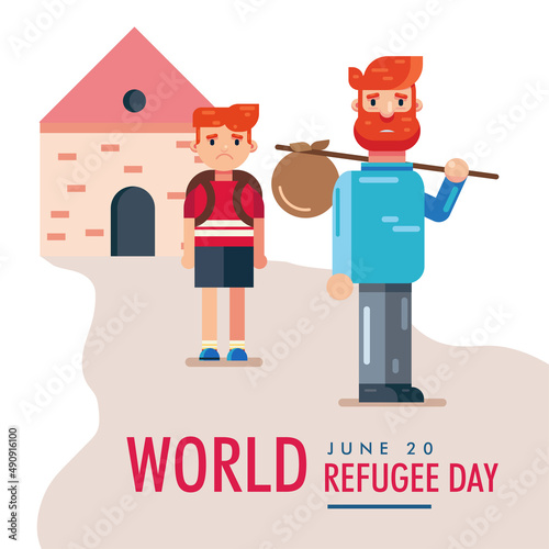 World Refugee Day 20 June, father and son children leaving house vector poster design