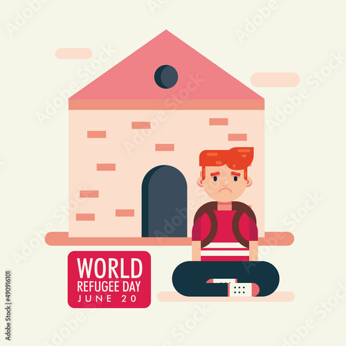 World Refugee Day 20 June, kid boy leaving home cartoon illustration vector design