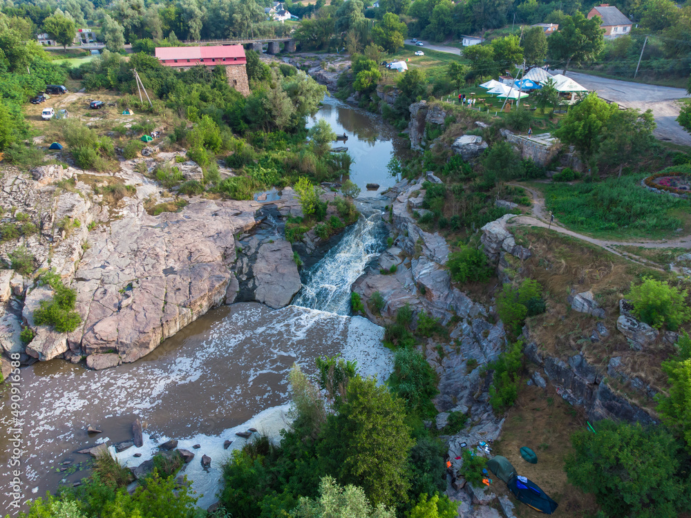 Buky, Cherkasy region, Ukraine. Stone shores of the Butsky canyon. Aerial drone view. Buky, Cherkasy region, Ukraine. Stone shores of the Butsky canyon. Aerial drone view.